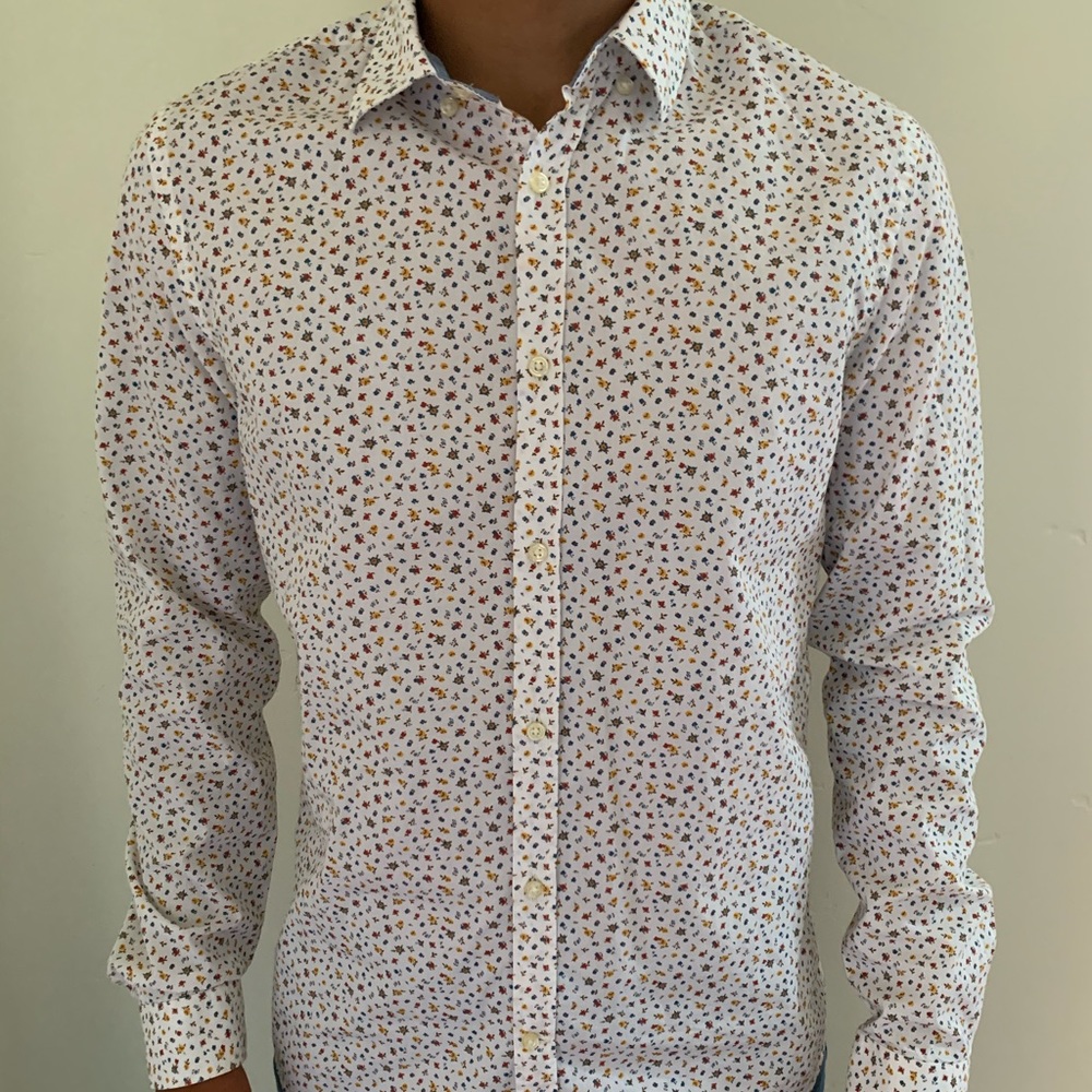 White button up shirt with colorful flowers